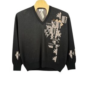 New Gabicci Vintage Mens XL Black Geometric V-Neck Sweater Made in Italy